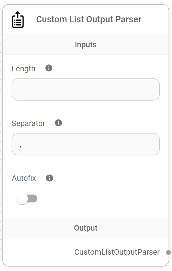 <p>Custom List Output Parser Node</p>